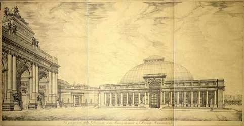 De triomfboog en een van de halfronde zuilengangen van het Palais du Cinquantenaire, Brussel, 1906